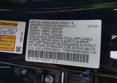 2024 Honda Accord Hybrid Sport из США, поврежденный, VIN 1HGCY2F50RA080610